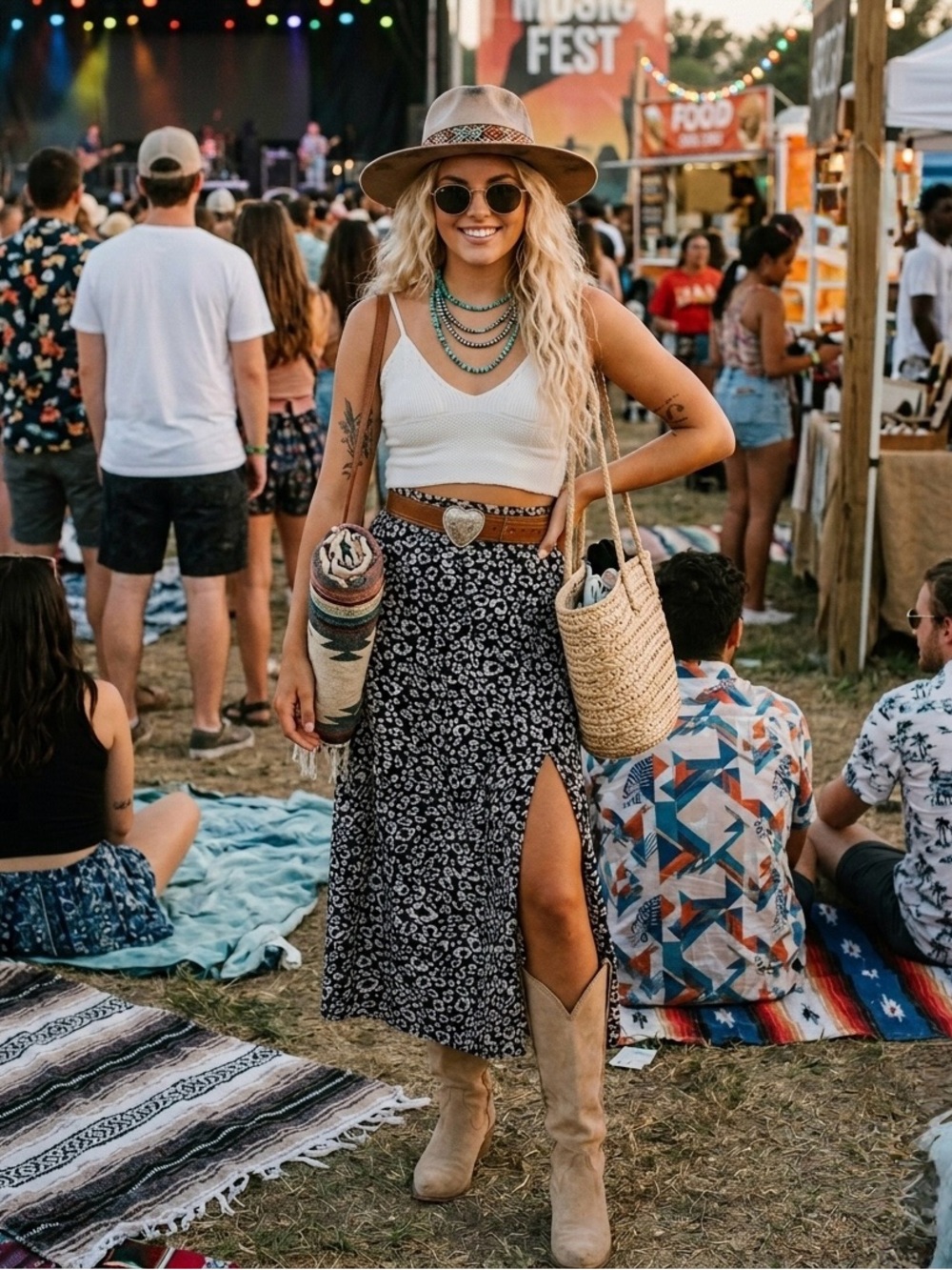 Boho Black & White Floral Midi Skirt with Side Slit | Size Medium